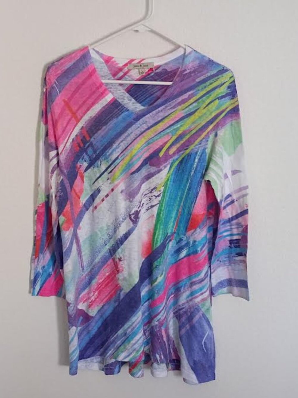 JESS & JANE ABSTRACT PRINT TUNIC SWEATER TOP PURPLE ARTSY LONG SLEEVE SIZE LARGE